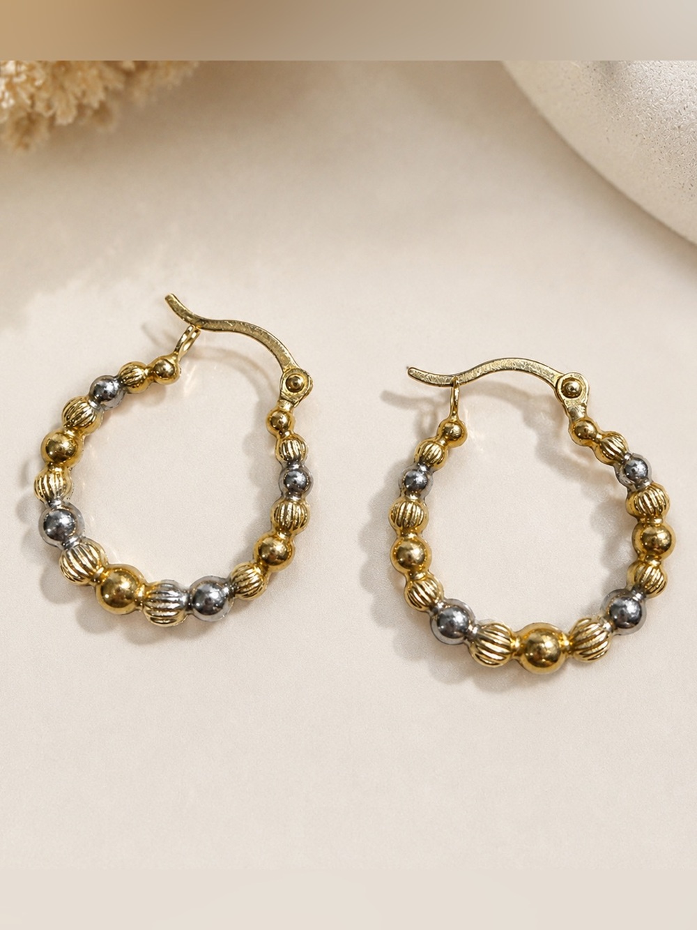 Firm price Second Hand 👏🏻 14k Gold and Silver Beaded Hoop Earrings